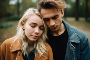 Fototapeta premium young adult woman and man or teenager girl and boy is crying. Generative AI