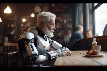 robot or an old man with artificial robot body parts, artificial intelligence as the evolution of man, machine and man combined. Generative AI