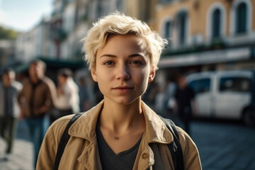 Fototapeta premium young adult woman outdoor in a small town or city. Generative AI