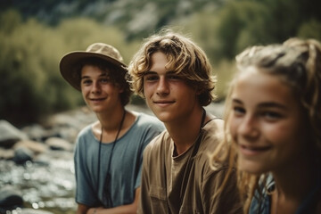 young adult man or teenager with friends by a river or lake in the mountains with his friends in summer in sunshine. Generative AI