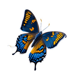 Very beautiful blue yellow orange butterfly in flight isolated