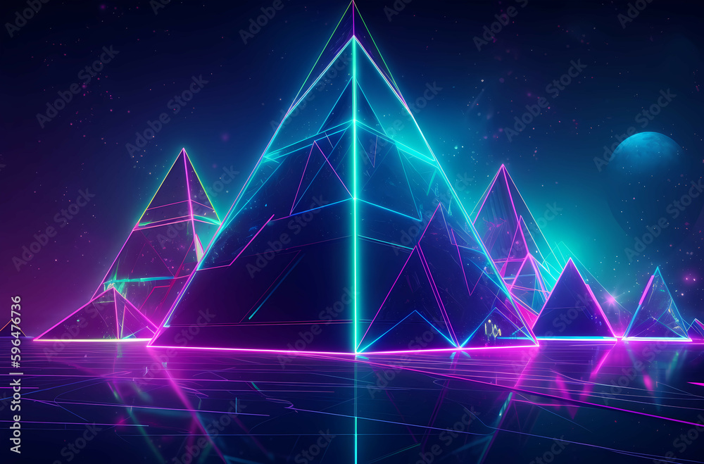 Wall mural A dark background with a triangle and the words purple Neon Light Background. generative ai