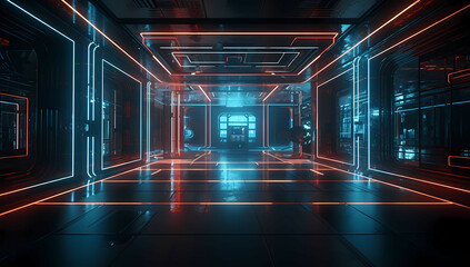 A dark room with neon lights and a door Modern  Geometric Futuristic Design Background. generative ai