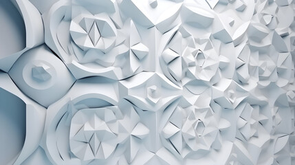 Beautiful futuristic Geometric background, Textured intricate 3D wall in light blue and white tones
