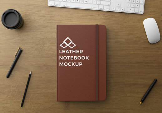 Notebook on Wood Table Mockup Top View 