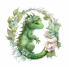 Obraz premium Green baby dragon cartoon watercolor Generative AI