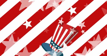 Animation of stars and top hat over flag of united states of america - Powered by Adobe
