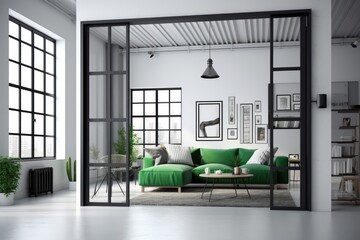 cozy living room with a vibrant green couch and natural light pouring in through the windows. Generative AI