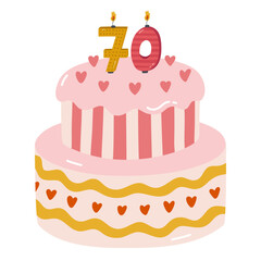 Cute birthday cake with burning candles in the form of numbers. Dessert for celebration each year of birth, anniversary. Stylized hand drawn clipart of holiday cupcake in the scandinavian style