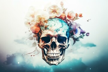 Watercolor skull flower with double exposure. Perfect for Halloween. Generative AI
