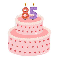 Cute birthday cake with burning candles in the form of numbers. Dessert for celebration each year of birth, anniversary. Stylized hand drawn clipart of holiday cupcake in the scandinavian style