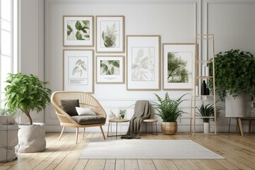 Fototapeta na wymiar Living area with white poster frames and wooden furniture, adorned with green plants. Generative AI