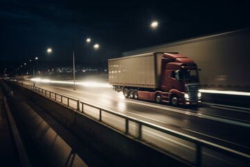Fototapeta na wymiar Blurred moving truck on highway, tilted angle & abstract lights, logistics theme with container cargo, evening traffic. Generative AI