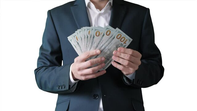 Unrecognizable Businessman Counting Dollars on White Background