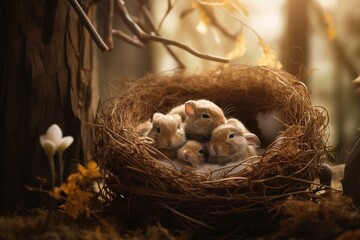 Adorable bunnies snuggled in a nest on a nature-themed backdrop for Easter. Generative AI