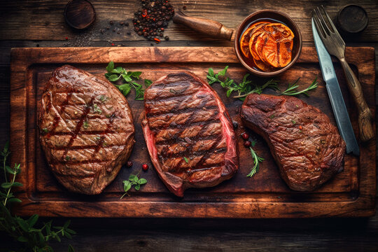 Barbecue grilled steaks - salmon, beef rib eye and turkey fillet on a wooden board. Wooden background. Top view, Generative Ai