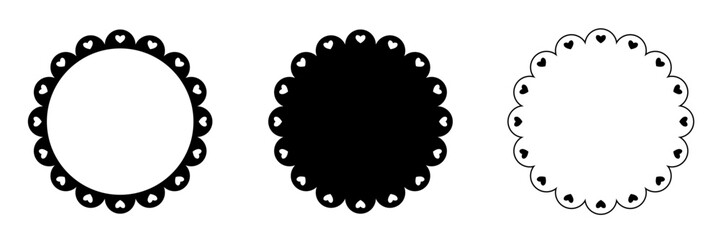 Scalloped circle shape with hearts set. Clipart image isolated on white background