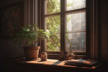 A watercolor of an open window with flower pot and tree in the background. Generative AI
