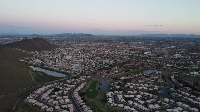 Aerial City shot over the mountains in Thunderbird Reservoir, Glendale, Arizona