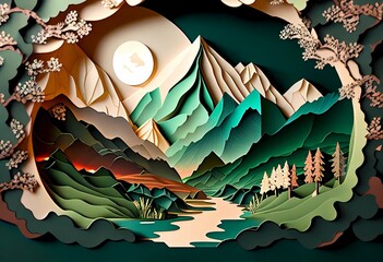 Grande œuvre d'art en papier présentant un paysage de montagne - Generative AI
