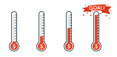 Fundraising thermometer at different levels icon. Clipart image isolated on white background - 596479993