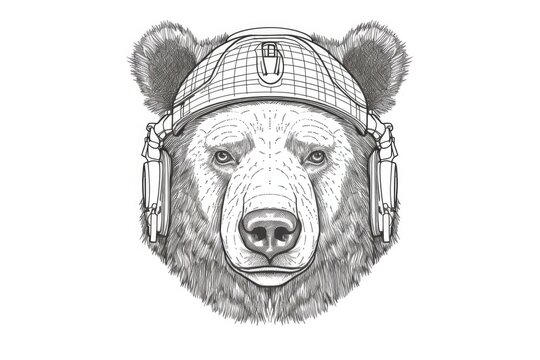 brown bear wearing headphones and listening to music. Generative AI