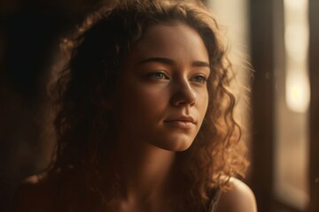 young woman with long wavy hair looks out of window created with Generative AI technology