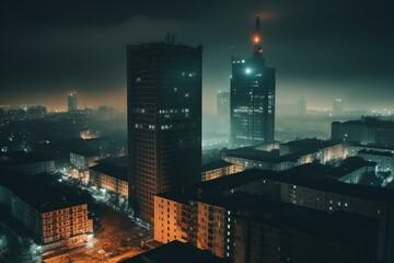 Nighttime view of tall buildings in Warsaw. Generative AI