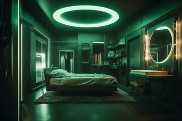 A retrofuturistic room with bed, sink, and mirror, cast in green light. Generative AI