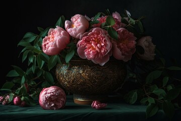 Vase of roses and peonies. Pink petals and green foliage. Generative AI