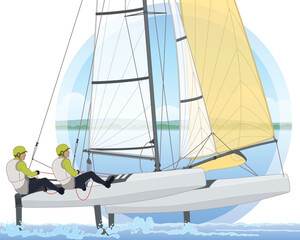 sailing two male crew leaning out in a NACRA 17 multihull catamaran sailboat with water and sky background in circle - obrazy, fototapety, plakaty