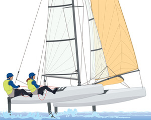 sailing female and male crew leaning out in a NACRA 17 multihull catamaran sailboat isolated on a white background