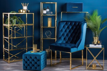 luxurious living room with blue walls and gold accents. Generative AI