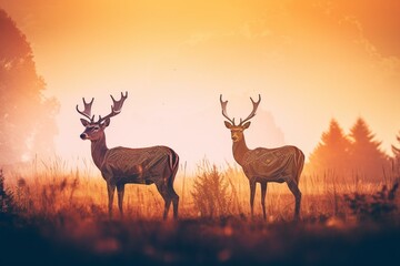 A generative AI illustration of two deer standing alone in a summer landscape during sunrise