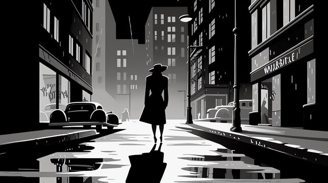 A film noir set in a gritty, urban landscape, featuring a stylized image of a woman in a fedora and trench coat walking down a deserted street, with a dramatic, black and white color scheme