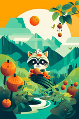Naklejka na ściany i meble super cute raccoon under small buds and leaves. Big sun in the sky. Solar. Temperature Very hot. cartoon style, bright summer landscape on the background, Generative Ai