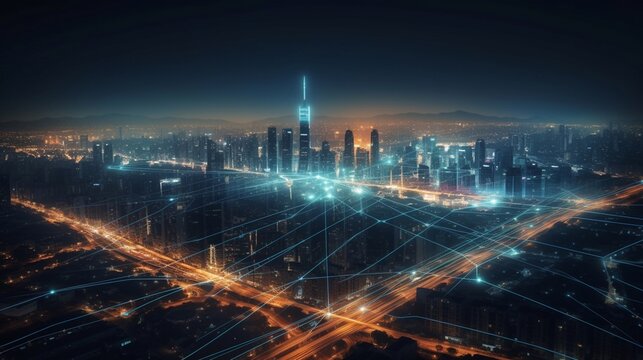 Concept of a wireless network and connectivity technology with a city backdrop at night. Generative AI.