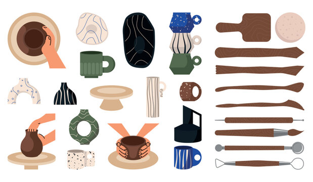 Modern collection ceramic vases and cups, mug with abstract decore. Minimalist antique ceramic pottery, clay studio, workshop, class, tools set. Vector flat illustration isolated on background