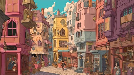 Obraz premium The painting often features a busy crowd of witches and wizards, going about their business and interacting with each other.