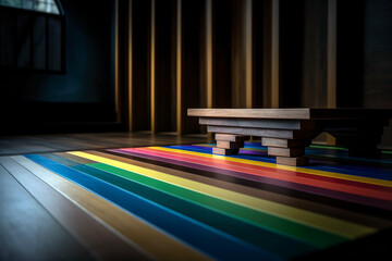 Backdrop featuring a rainbow-colored wooden surface with color stripes.