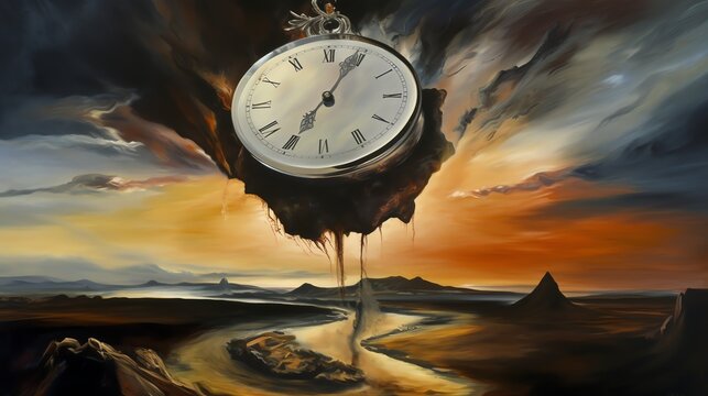 dreamlike painting that evokes a sense of painting of disorientation and instability, with the distorted landscape and melting watches creating a sense of unease and uncertainty.