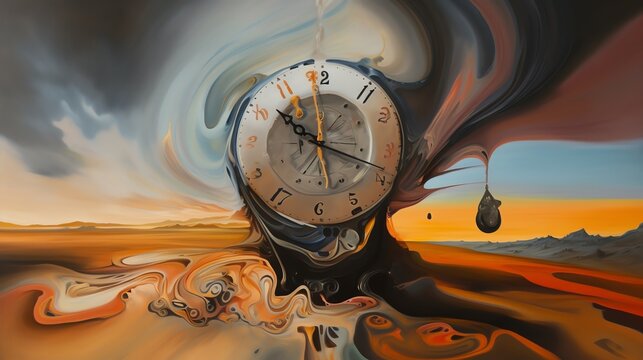 painting of visual metaphor for the impermanence of life, with the melted watches symbolizing the fleeting nature of time and the inevitability of death.