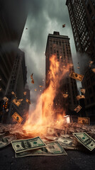 Dollar bills burning and falling over night city background, Burning money on fire, fiat Inflation concept - obrazy, fototapety, plakaty