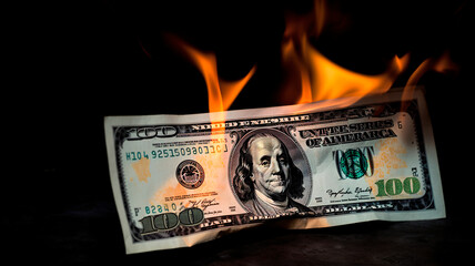 Hundred dollar bill burning in close-up over black background, Burning fire money, fiat Inflation concept - obrazy, fototapety, plakaty