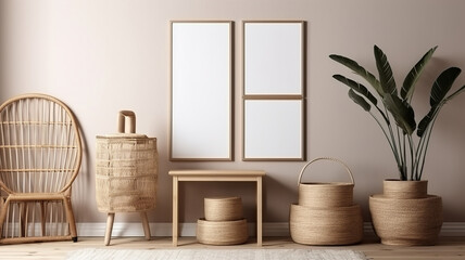 Wooden Frames Mockup Gallery Wall in Cozy Scandinavian Living Room Modern Interior Design background