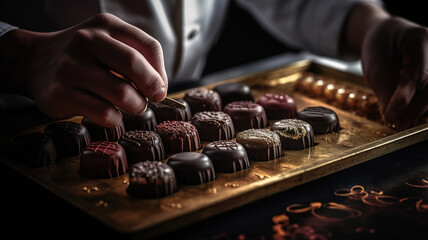Confectioner Handcrafting Intricate Chocolate Designs, Chef creating handmade chocolates sweets, hands close-up, candy shop concept