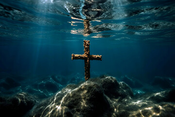 Naklejka premium Shiny bronze christian cross under the sea.