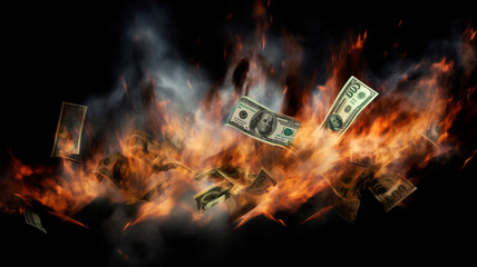 Dollar bills burning in close-up over black background, Burning money on fire, fiat Inflation concept - obrazy, fototapety, plakaty