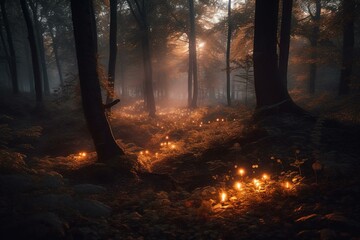 Fototapeta premium Magical woodland at dusk. Soft glowing retreat. Generative AI