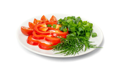 Chopped Green Onion, Dill and Bell Pepper, Greens and Vegetables Cuts on Plate Isolated, Spring Vegetables